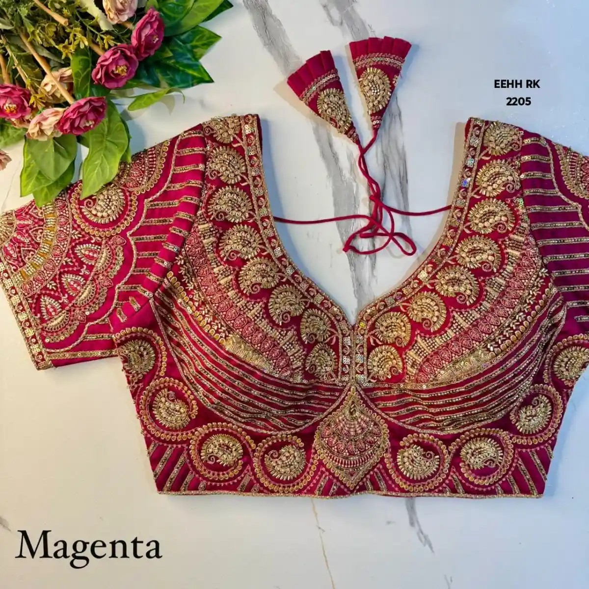 Magenta Pink Premium Phantom Silk Sweetheart Neck Bridal Blouse with Heavy Gold Zari